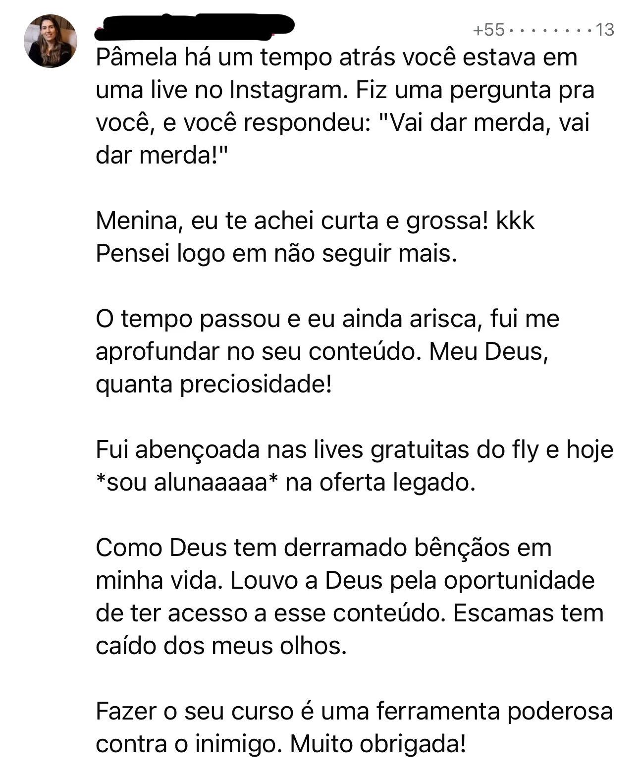 Depoimento de aluna sobre sua transformação com Pâmela Arumaa